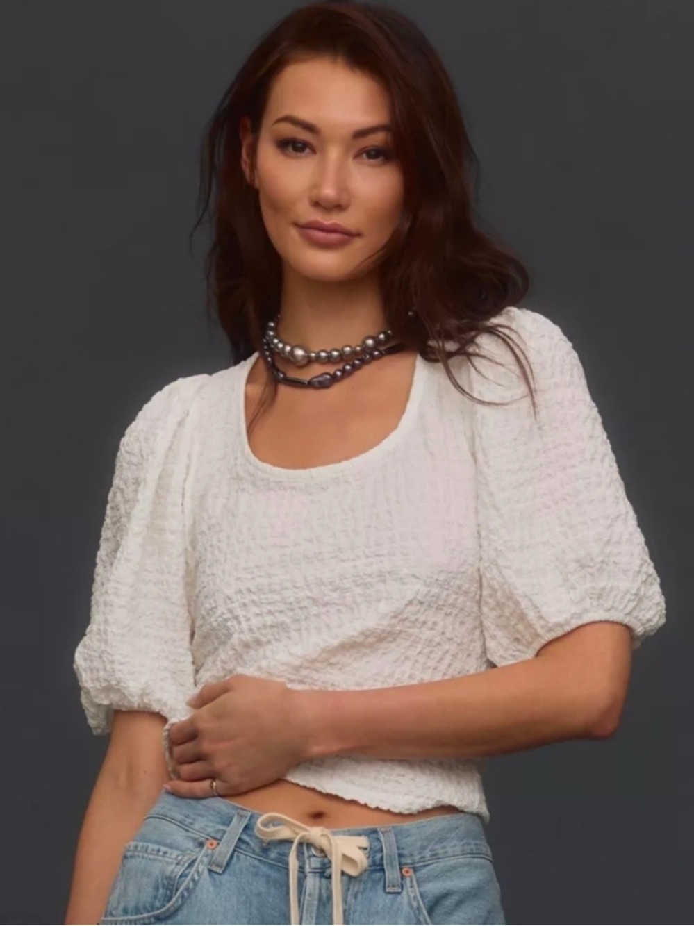 Anthropologie Maeve White Textured Puff-Sleeve Top XS
